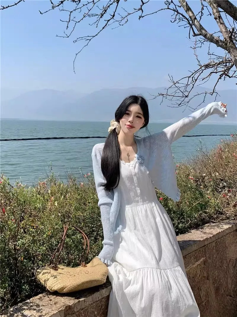 Slimming White Strapless Long Dress Simple French Style A-Line Midi Dress Women's Summer Fashion Sensation Waist-Cinching Dress