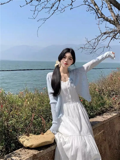 Slimming White Strapless Long Dress Simple French Style A-Line Midi Dress Women's Summer Fashion Sensation Waist-Cinching Dress