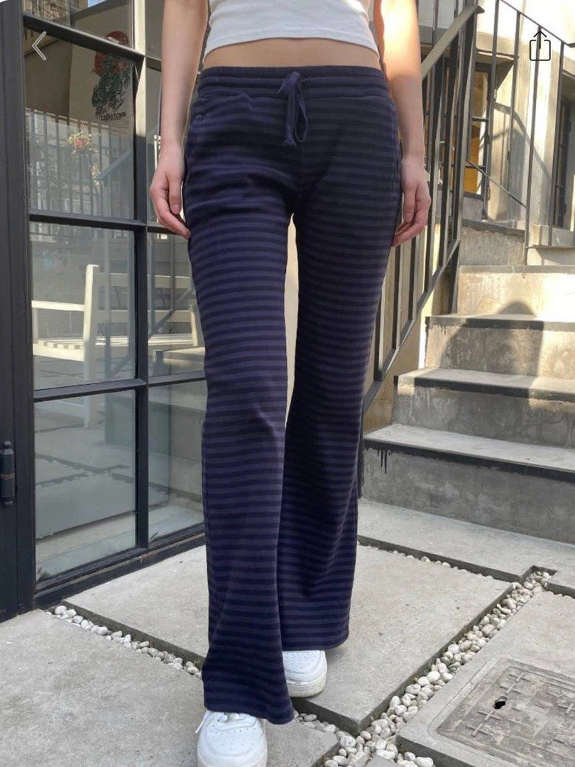 Navy Striped 2 Piece Sets Women Vintage Buttons Cotton Long Sleeve Tee Straight Trousers Home Sweet T-shirt Pant Pajama Set Y2K