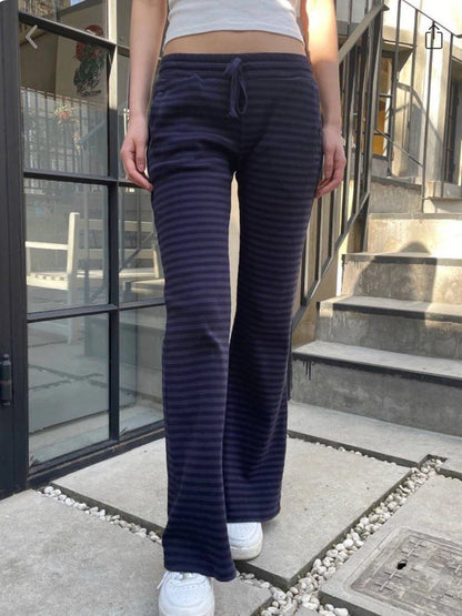 Navy Striped 2 Piece Sets Women Vintage Buttons Cotton Long Sleeve Tee Straight Trousers Home Sweet T-shirt Pant Pajama Set Y2K