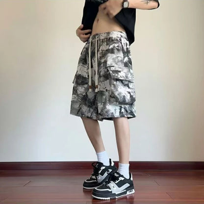 Casual Men's Cargo Shorts Breathable Summer Street Style Tie-Dye Oversized Pocket Shorts for Men