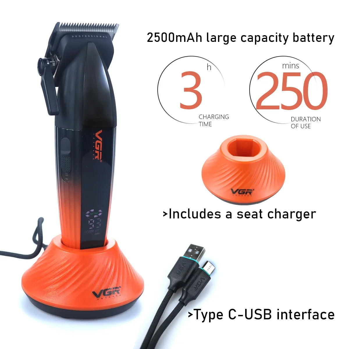 VGR V-889C Professional Hair Clipper Fade DLC Blade 9000RPM 2 Speeds Cordless with Base Charger Full Metal LCD Haircut Machine