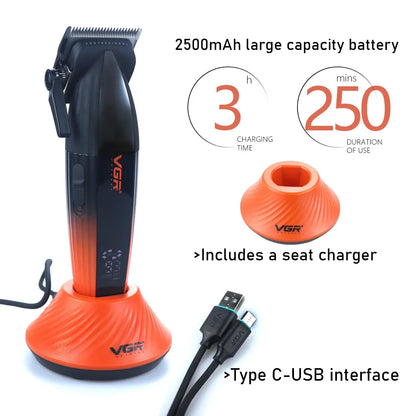 VGR V-889C Professional Hair Clipper Fade DLC Blade 9000RPM 2 Speeds Cordless with Base Charger Full Metal LCD Haircut Machine