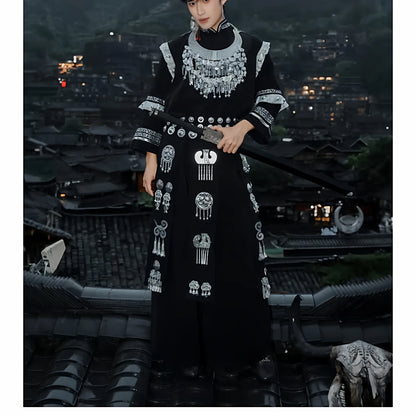 New Men's Ethnic Miao Ethnicity Clothing Set Photography Portrait Photography Long Sleeve Loose Fit round Neck Single Button