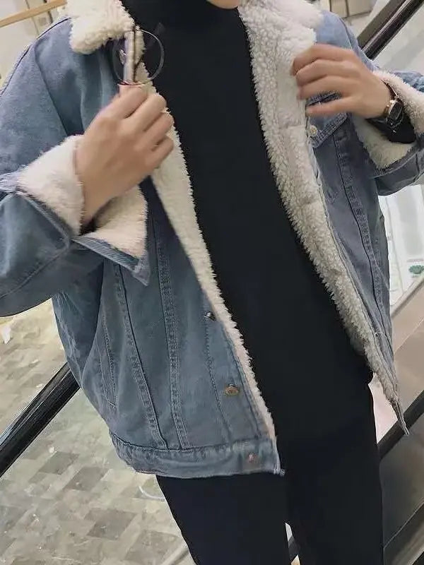 Lamb Velvet Thickened Loose Collar Denim Jacket Men's Autumn Winter Fashionable Workwear Cotton Coat Youthful Energy Style