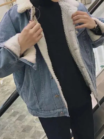 Lamb Velvet Thickened Loose Collar Denim Jacket Men's Autumn Winter Fashionable Workwear Cotton Coat Youthful Energy Style