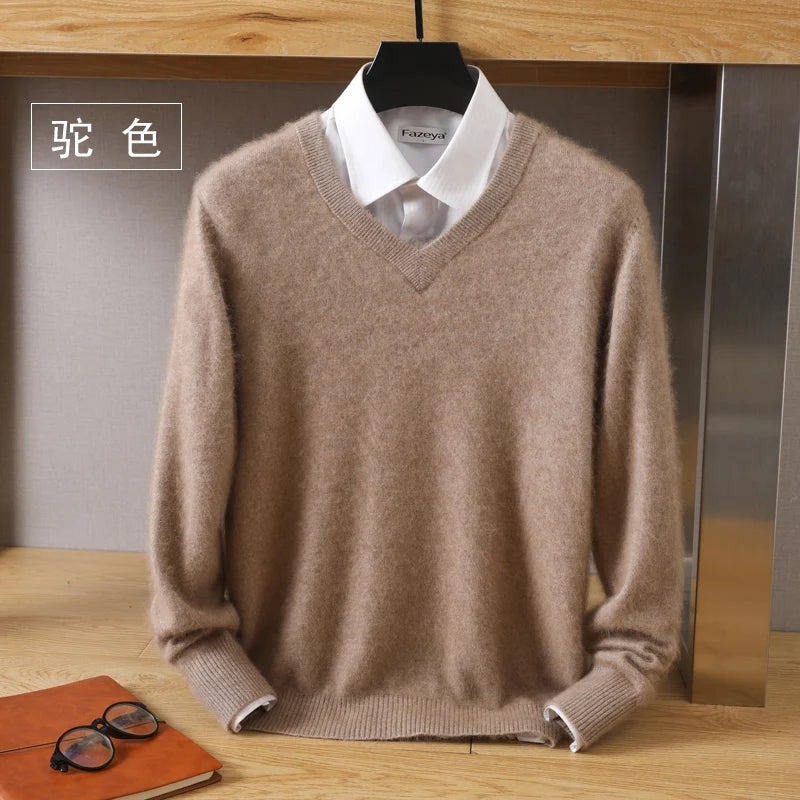 100% Pure Mink Cashmere Sweater Men's V-Neck Pullovers Knit Large Size Mink Sweater Winter New Long Sleeve High-End Jumpers Tops