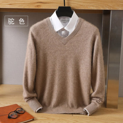 100% Pure Mink Cashmere Sweater Men's V-Neck Pullovers Knit Large Size Mink Sweater Winter New Long Sleeve High-End Jumpers Tops