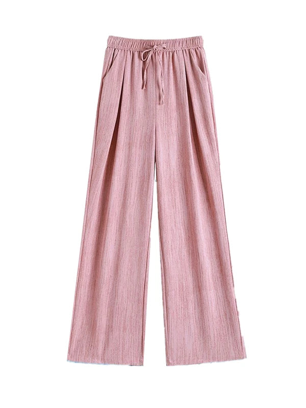 Ice Silk Slim Wide Leg Pants Women's Summer Drapey High Waist Straight Casual Lazy Floor Length Pants Cool Pants