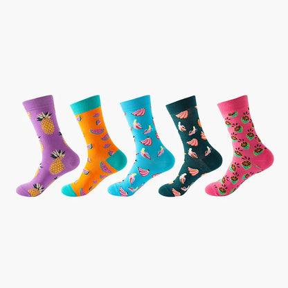 5 Pairs Fruit Print Socks Mid-Calf Funny Food Design Pineapple Watermelon Cotton Socks for Men Women Couple EU 37-45 US 6-12