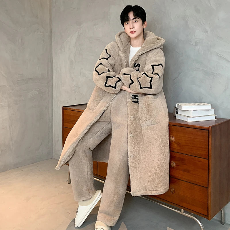 Long Coral Fce Spwear Men's Winter Casual plus Size Home Clothes Robe Youth Leisure Straight Leg Pants Button Closure