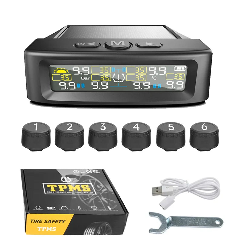 Tire Pressure Monitoring System Car Safety Alarm Wireless Solar/USB Powered 4/6 Sensors Color Digital Display For Caravan Truck
