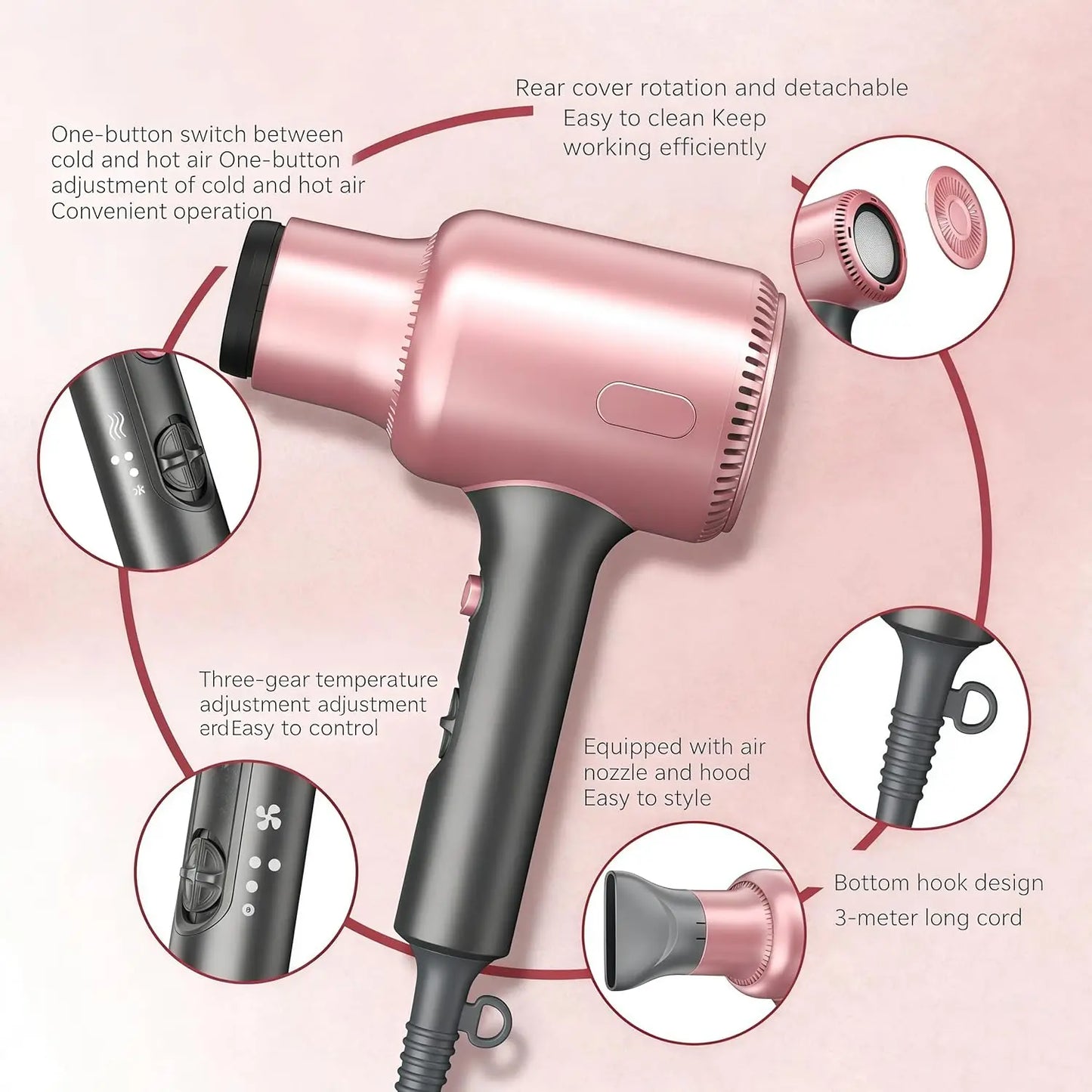1600W Professional Hair Dryer with 3 Attachments 2 Wind Speeds Ionic Blow Dryer Fast Drying Hairdryer for Home Travel