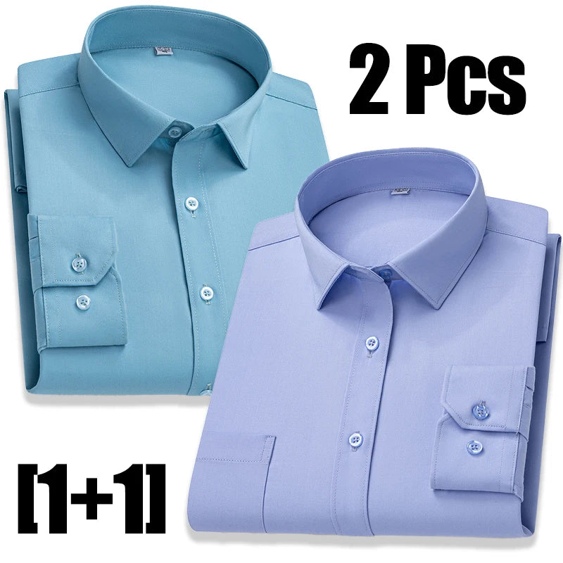 New In Tops Pure Cotton Men's Long Sleeve Business Social Plain Shirts Fashion Single Pocket Casual Slim Fit Solid Color Blouses