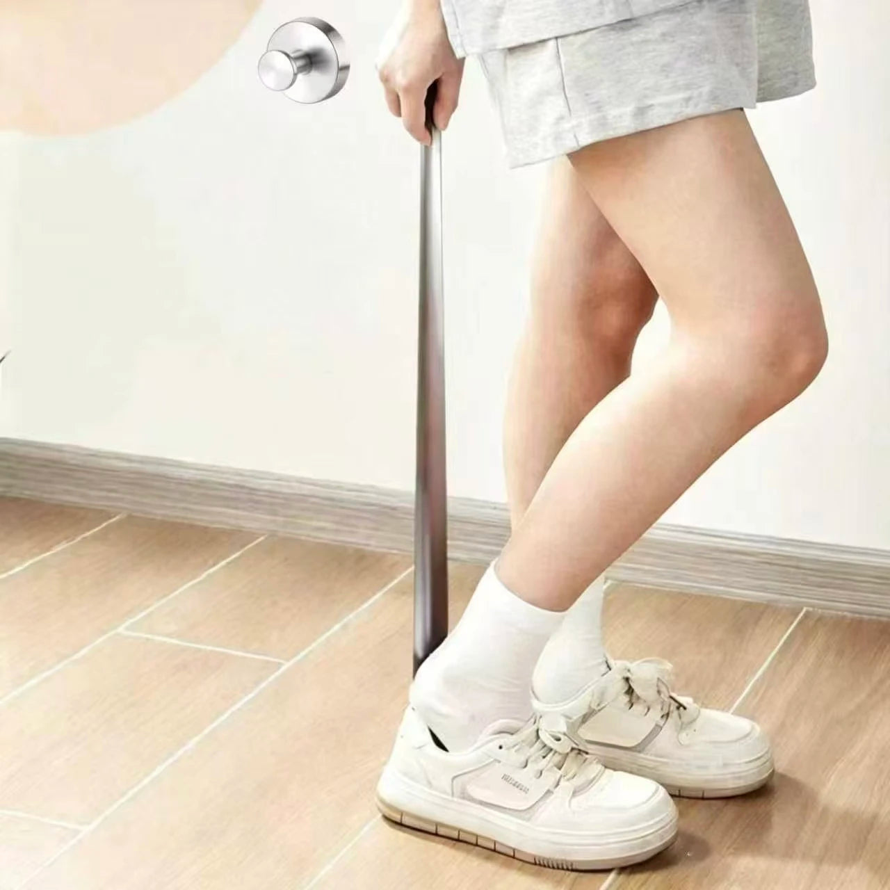 Premium Stainless Steel Shoe Horn with Stainless Steel Suction Holder Set, Punch-Free, Long Handle, Ideal for Seniors & Pregnant