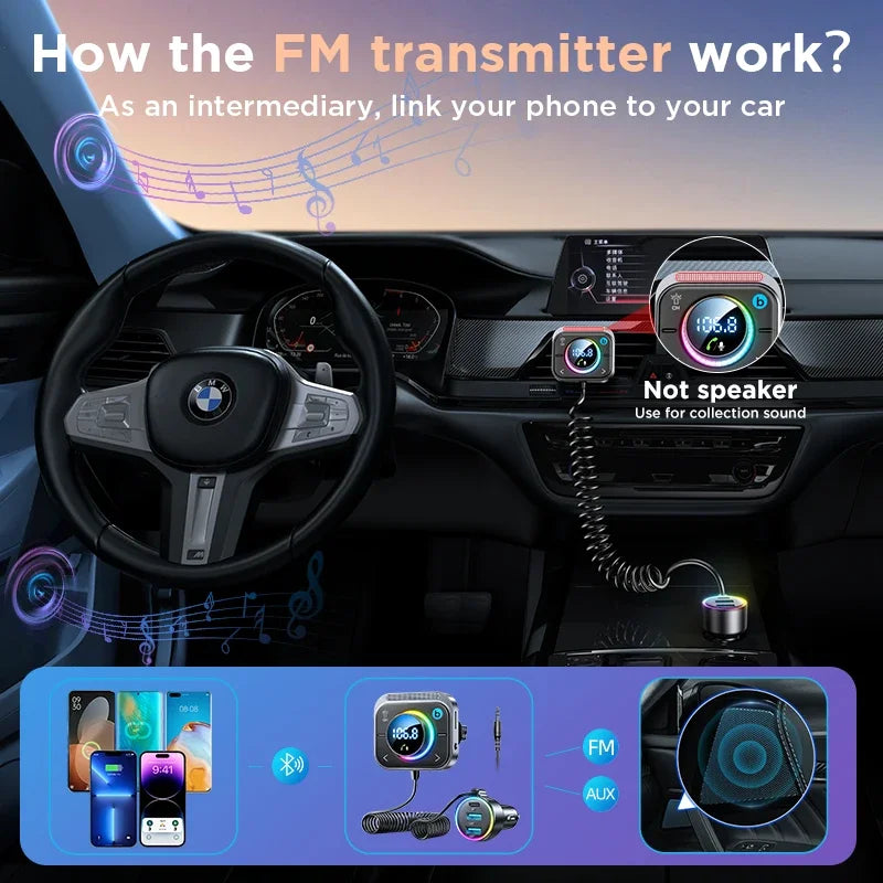 Joyroom Bluetooth 5.3 FM/AUX Transmitter Car Adapter Audio FM Transmitter Bass Boost 3 Ports PD&QC 3.0 FM Bluetooth Fast Charger