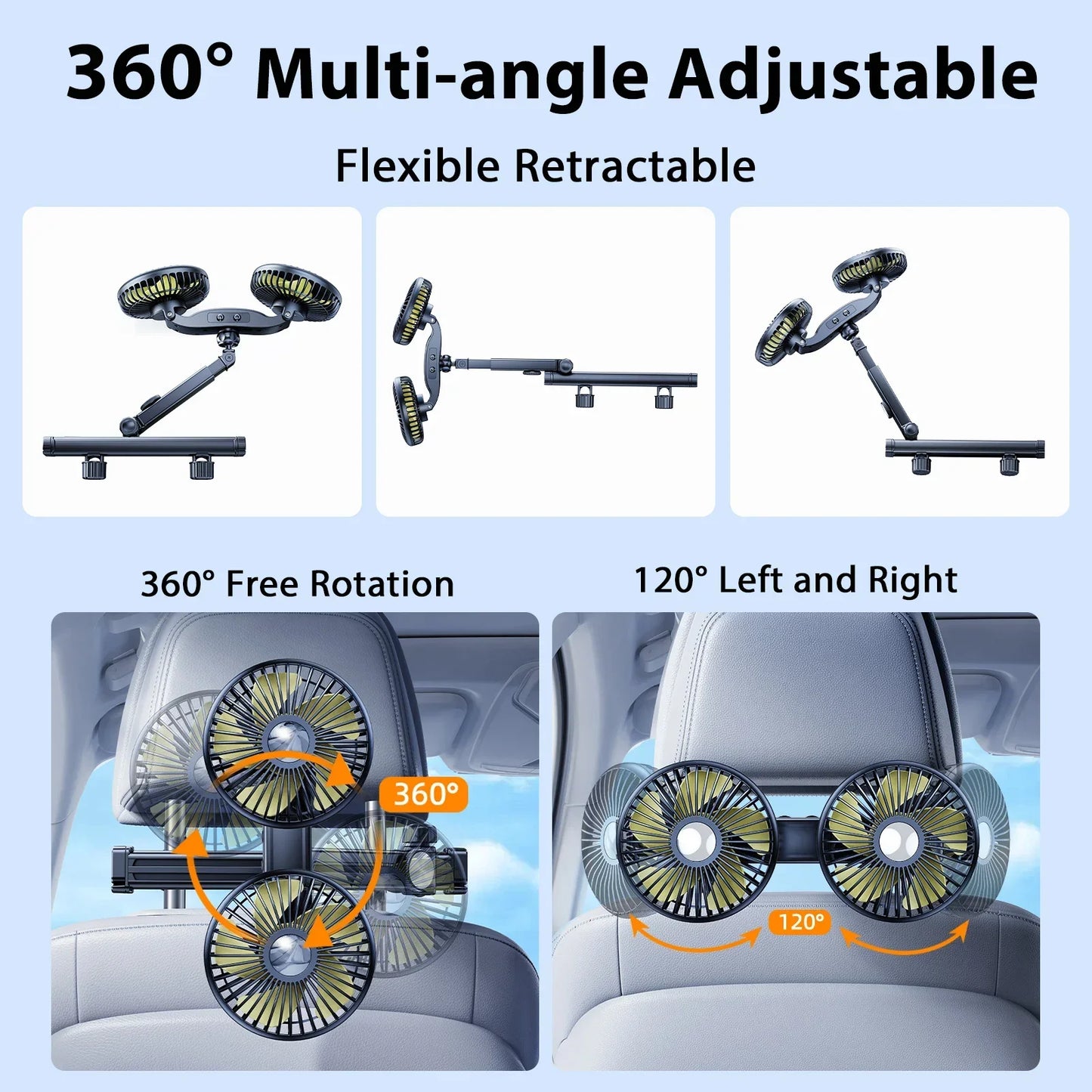 Hipacool Battery Dual Head Fan for Car Backseat with Retractable Long Arm USB Rechargeable Car Seat Headrest Cooling Fan