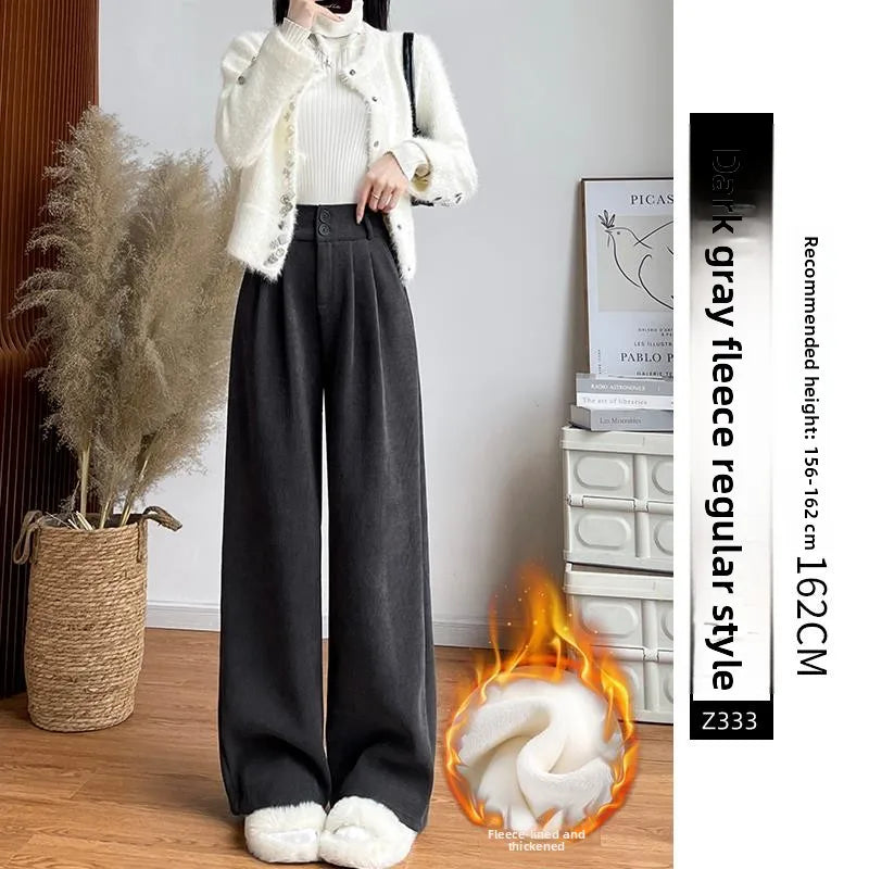 White Corduroy Wide Leg Pants Women's Autumn Winter Slim Straight Drapey Small Size Fleece Lined Suit Trousers