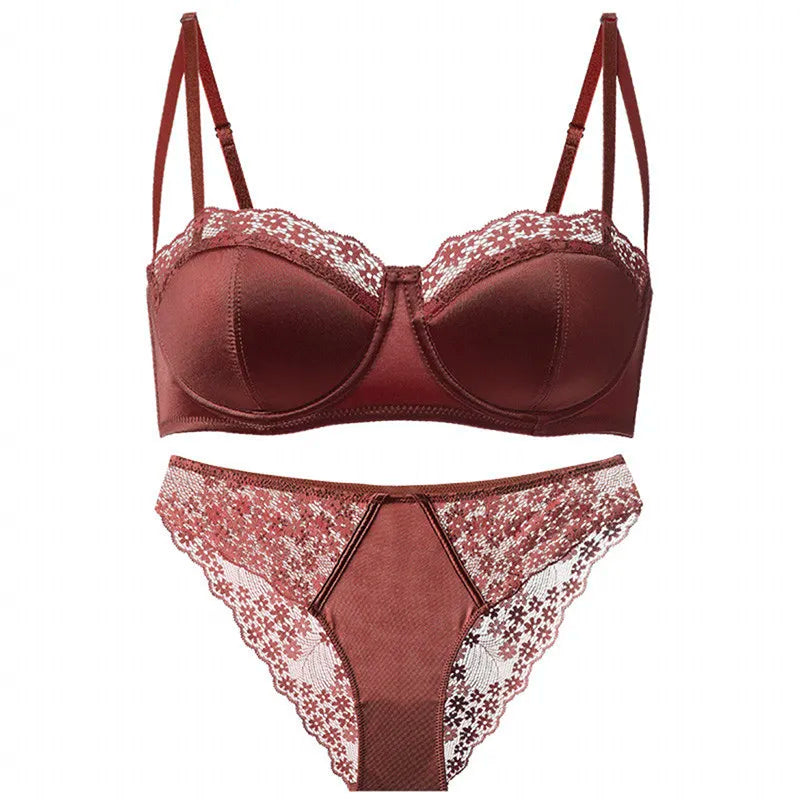 hot sale Sexy Lace Underwire Bra Set Thin Demi Cup Push Up Anti Ptosis Minimizer Lift Gather Side Fat Women Daily Plus Size S-XL