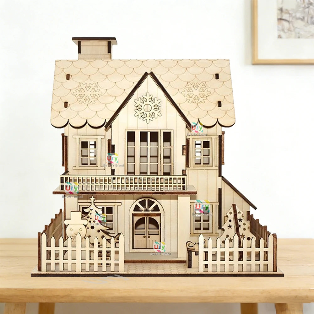 Ury 3D Wooden Puzzle Rural Cabin City Two-story Villa Handmade Assembly House Model DIY Toy Decoration Christmas Gift