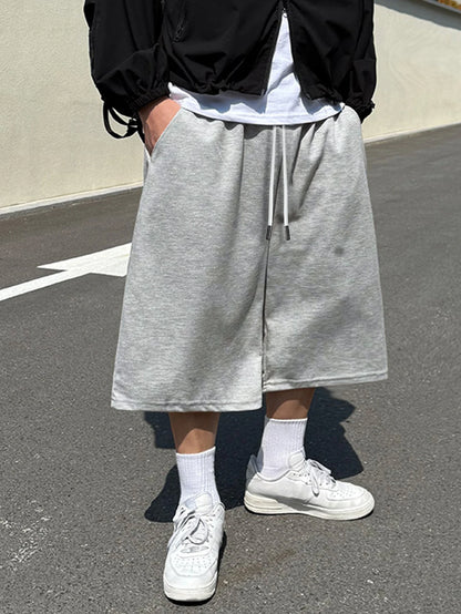 Men's Young Fashion Wide Leg Shorts Elastic Waist Casual Sweat Shorts High Street Wear Loose Fit Hip Hop Shorts