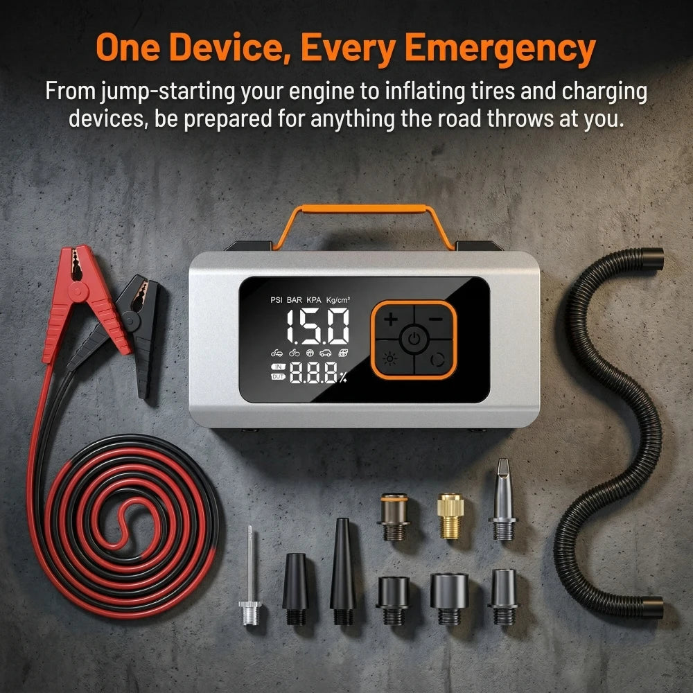 800A FHKJ 5-in-1 Car Jump Starter Air Pump Compressor Power Bank Starting Device Portable Battery Boosters Roadside Emergency