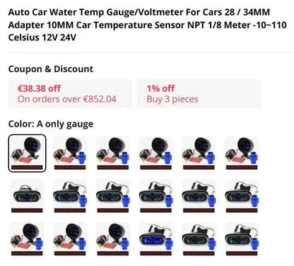 2 IN 1 Water Temperature Gauge Digital Led Voltmeter Water Temp Joint Pipe Sensor Car Truck Motorcycle Car Temperature Sensor