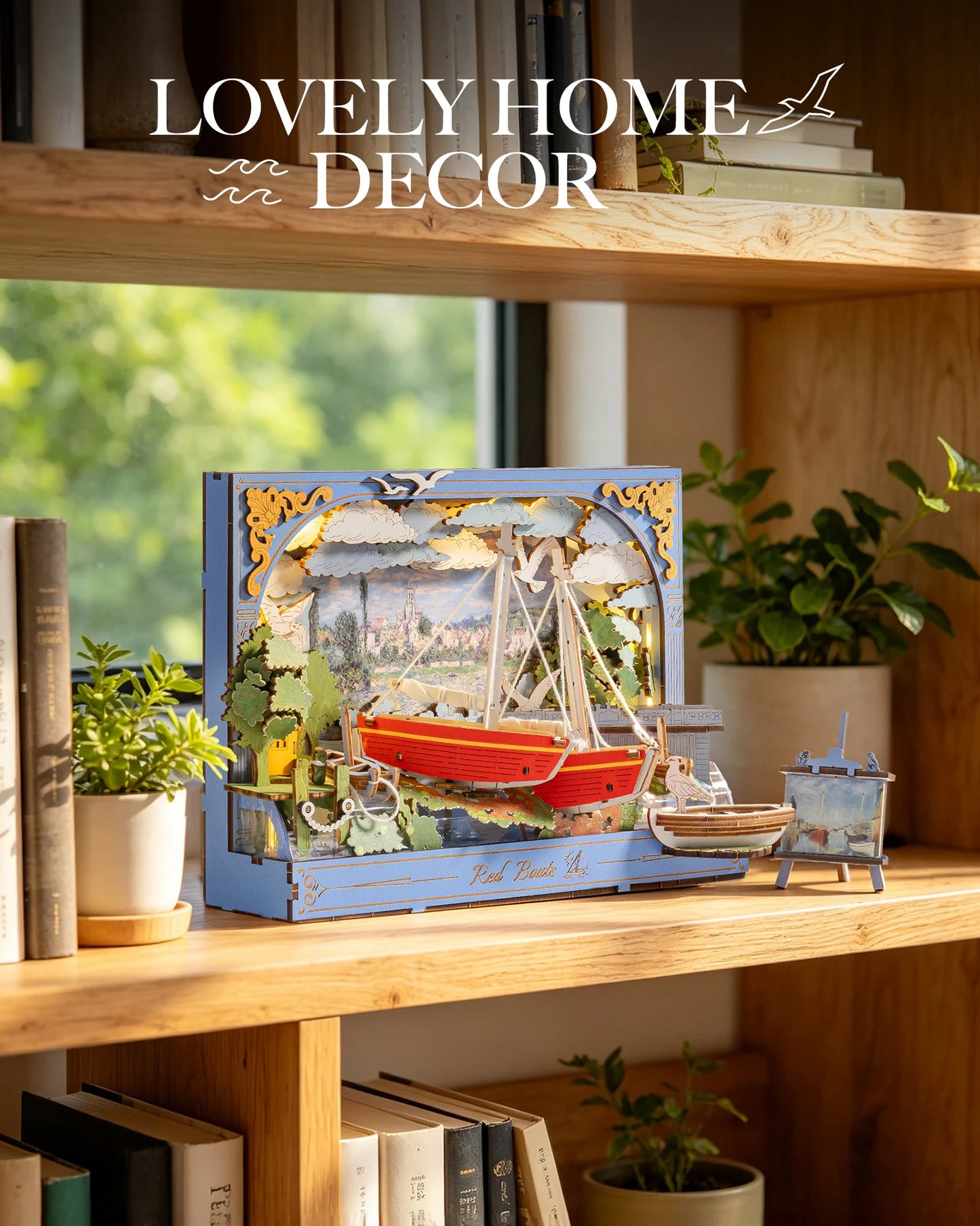 Rolife Red Boats Wooden 3D Puzzle 219 PCS DIY Wall Art Building Model Kit with LED Light for Home Decor Desktop Decor Wall Decor Gift for Adults Kids Friends