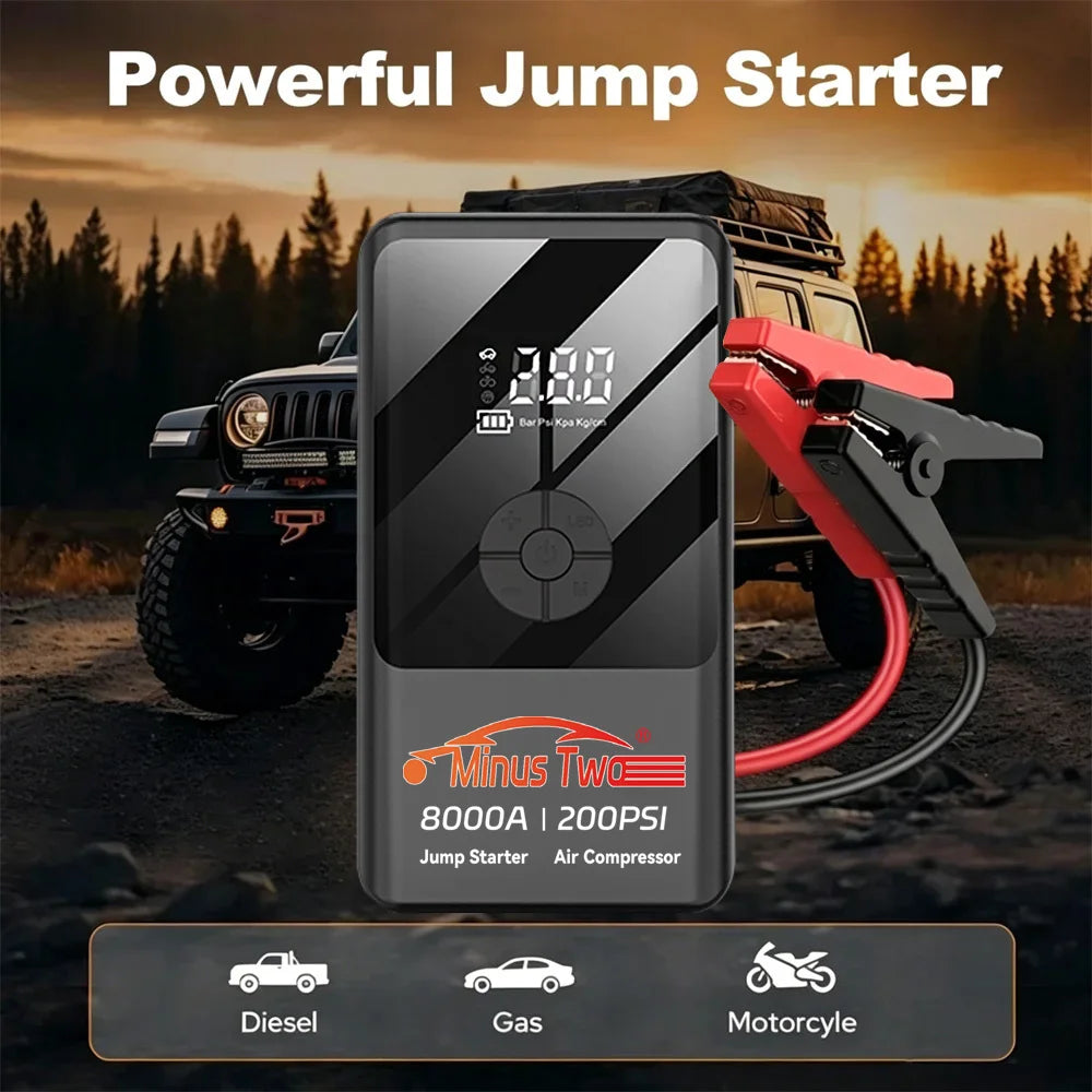 Smart Digital Display Jump Starter & Air Pump Combo Portable Electric Tire Inflator Emergency Car Booster with 12V Starter.