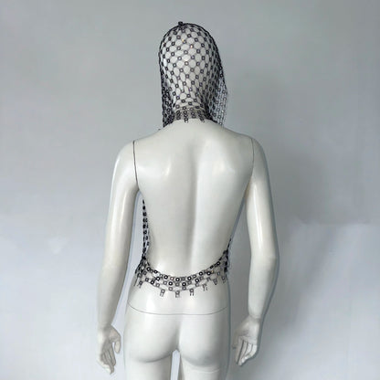 Glitter Rhinestone Mesh Hooded Tank Top Summer Women Sexy See Through Hollow Out Backless Camisole Rave Party Club Crop Tops