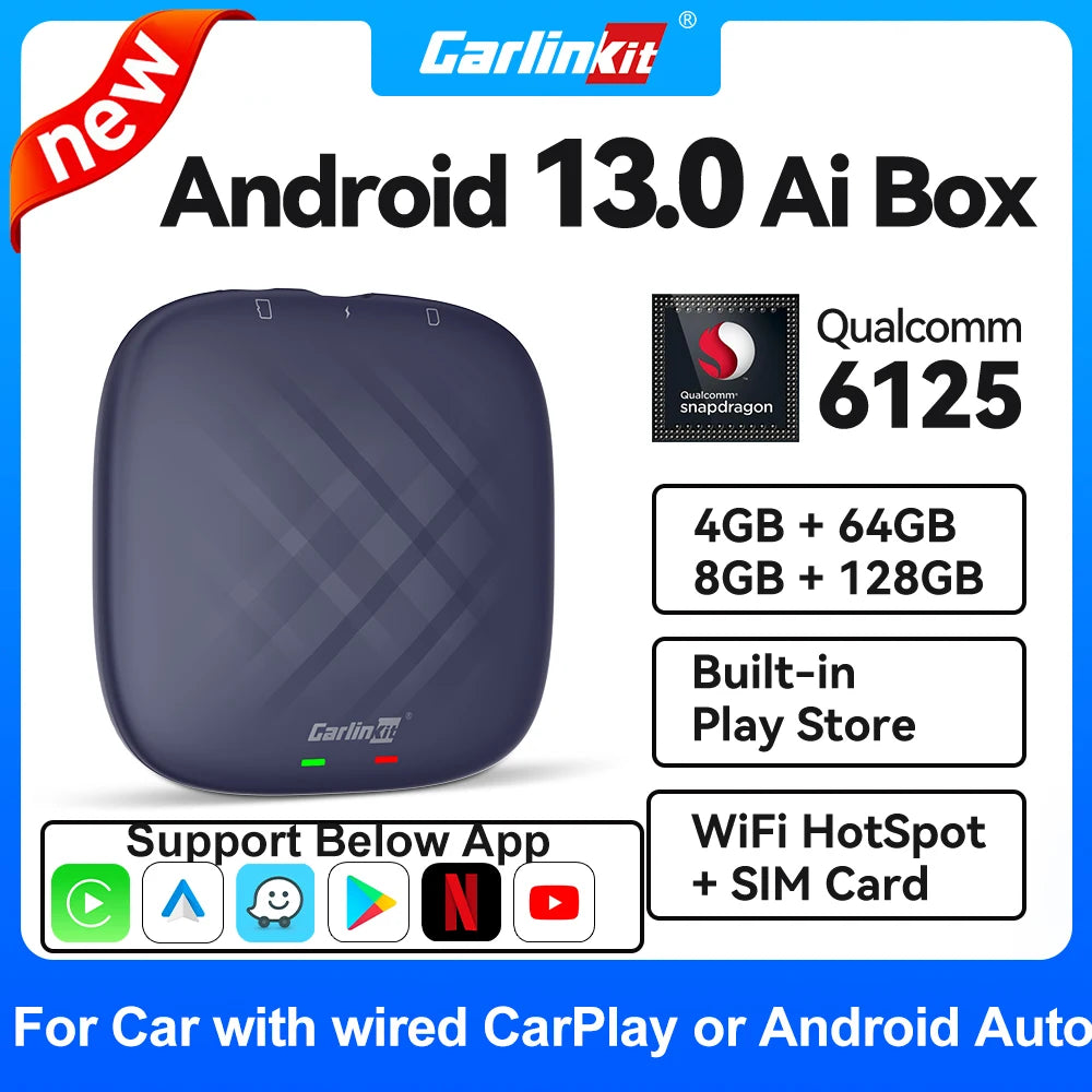 2026 NEW CarlinKit CarPlay Ai Box Qualcomm 8-Core Android 13 Wireless Carplay Android Auto Car Video TV Box WiFi SIM For Netflix