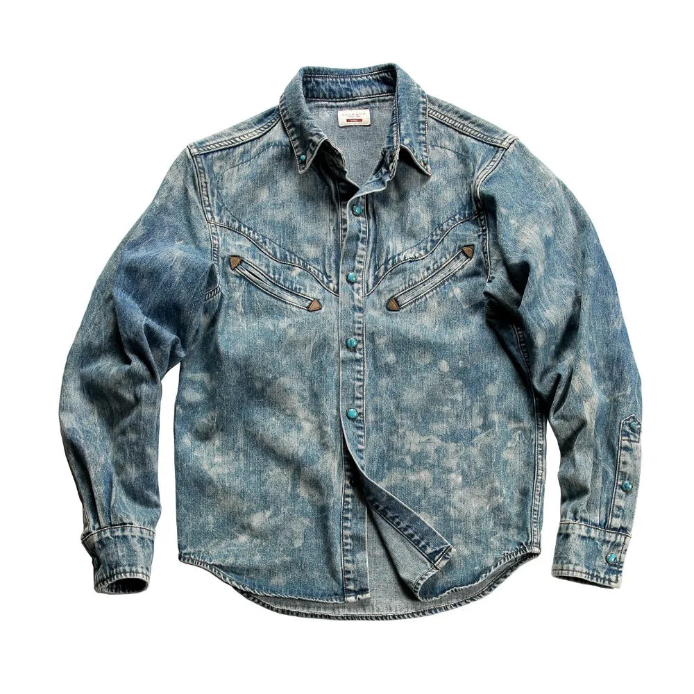 Mens Denim Shirt Vintage American Style Cotton Long Sleeve with Green Buttons