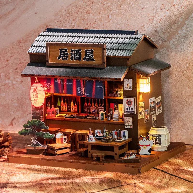 DIY Wooden Miniature Model Kits Mini Casa Japanese Restaurant 3D Puzzle Doll Houses With Furniture for Friends Birthday Gifts