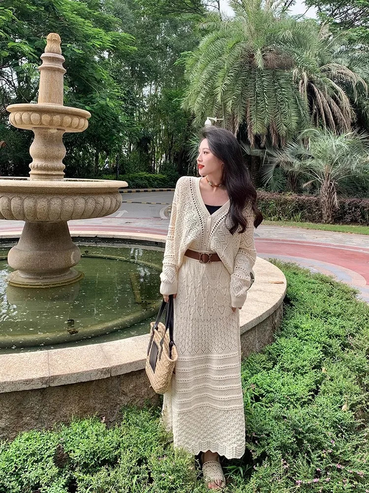 Kumikumi Lazy Style Hollow out Knitted Cardigan Jacket Women's High Waist  Skirt Fashion Set Spring 2025 Acrylic Fabric