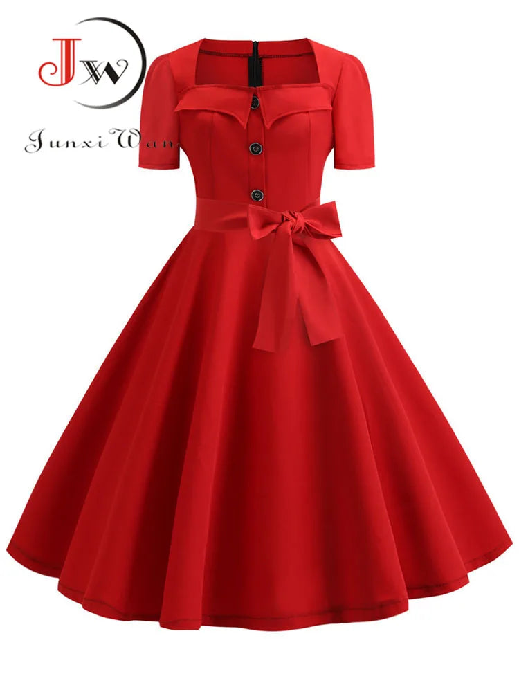 Women's Polka Dot Summer Midi Dress Square Collar Short Sleeve Elegant Vintage Casual Party Holiday Wear