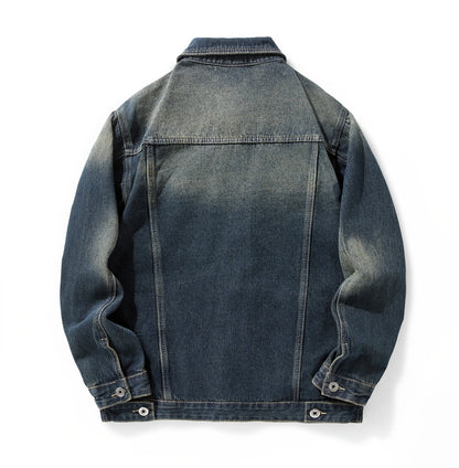 Vintage Dark Blue Denim Jacket for Men Casual Workwear Jean Coat with Button Closure Chest Pockets Everyday Streetwear Outer