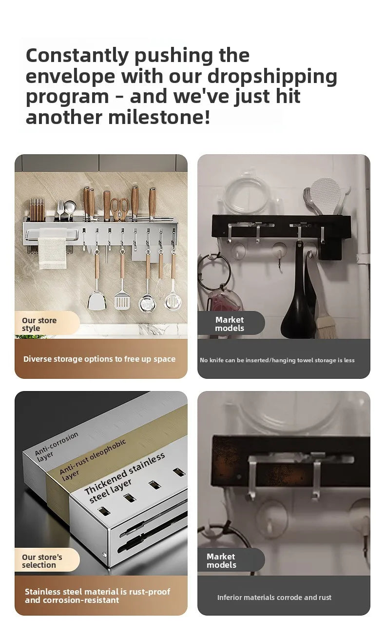 Stainless Steel Kitchen Knife Holder Wall Mounted No Drilling Multi-Function Chopsticks And Kitchen Knife Storage Rack
