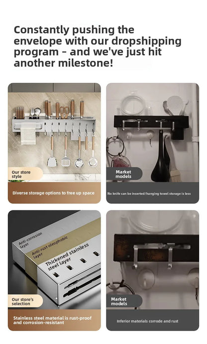 Stainless Steel Kitchen Knife Holder Wall Mounted No Drilling Multi-Function Chopsticks And Kitchen Knife Storage Rack