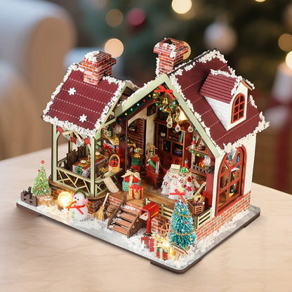 DIY Wooden Doll House Warm Christmas Lodge Casa Figurines Miniatures Assembled Dollhouse With Lights for Friends Christmas Gifts
