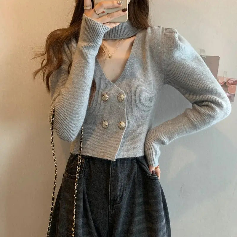 Elegant V-Neck Bubble Sleeve Knitwear Short Top Fashion Trend Neck Hanging Style Girl's French Style Slim Fit Long Sleeve Autumn