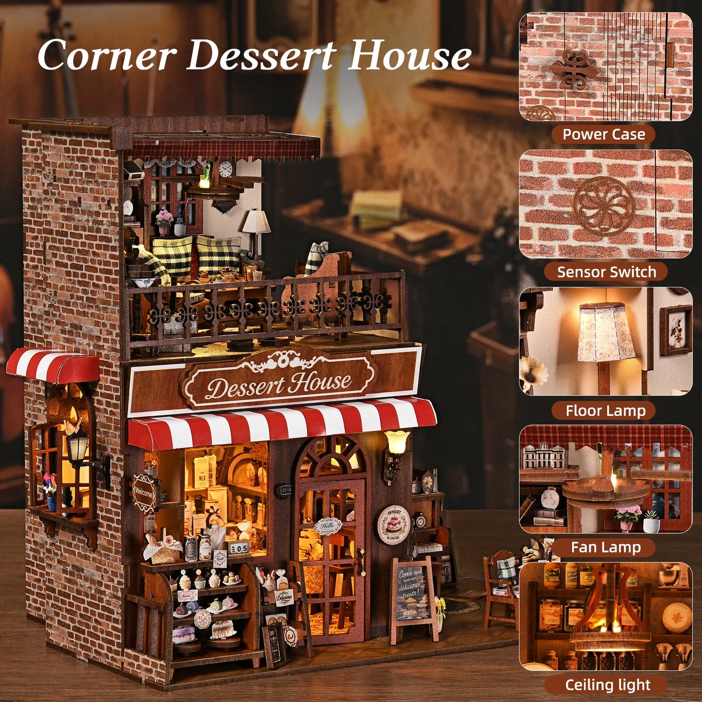 DIY Book Nook Kit Cake Shop Wooden  Bookshop Dollhouse with Light Loveliness Bookshelf Insert 3D Puzzle Decor for Gift