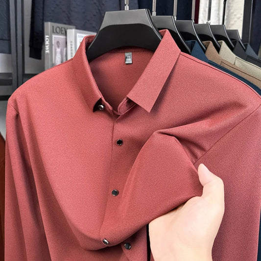 Men's Wool-Blend Dress Shirt Charcoal Gray Business Essential Seamless Technology Non-Iron & Tailored Collar All Season Comfort