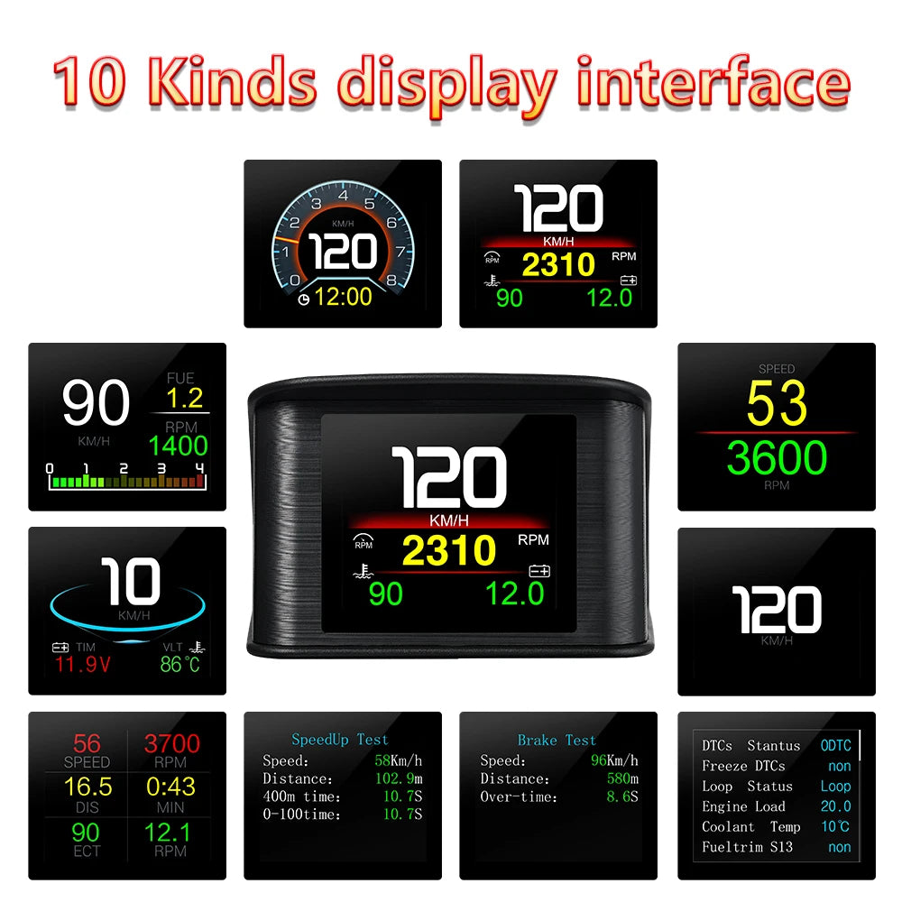 New P10 Pro OBD2 Head Up Display Auto Electronic Accessories Speedometer Water Temperature Tachometer Clock on Board Computer