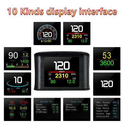 New P10 Pro OBD2 Head Up Display Auto Electronic Accessories Speedometer Water Temperature Tachometer Clock on Board Computer