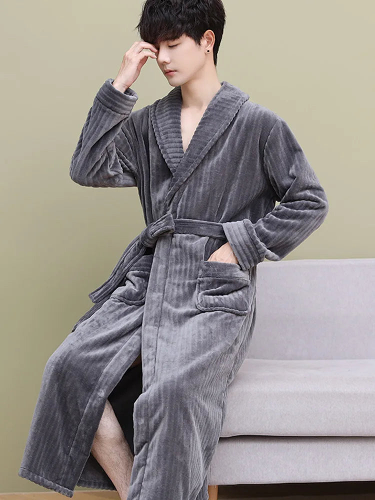 Thiened Coral Fce Men's Batobe Winter Pyjamas Flannel Robe Large Size Morning Robe Fce Home Clothes Polyester Fiber