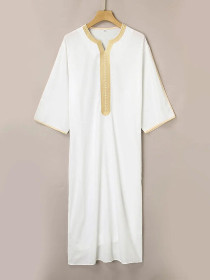 2023 New Muslim Robe Arabic National Costume Middle Sleeve Gold Embroidered Traditional Men's Robe (M-4XL)