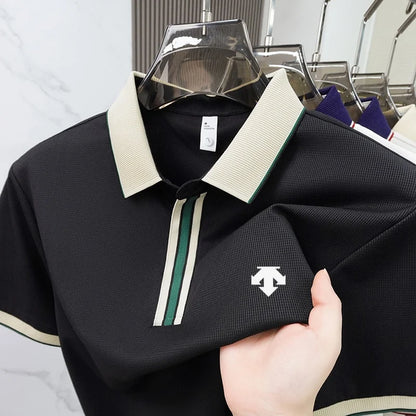 2026 Summer Luxury Men's Polyamide Polo Shirt Fine Embossed Texture Slim Fit Lightweight Stretch Breathable Business Casual Golf