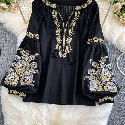 Bohemian Vacation Style Women's Shirt round Neck Lantern Sleeve Embroidery Heavy Work Autumn Design Sense Knot Design Top