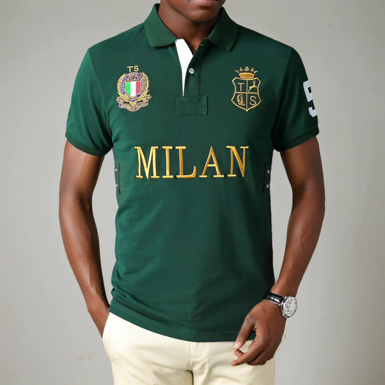 Men's High-Quality Cotton Polo Shirt ITALY GREEN Cotton Embroidered 'MILAN' Symbol Leisure Sport New Year's Gift for Men