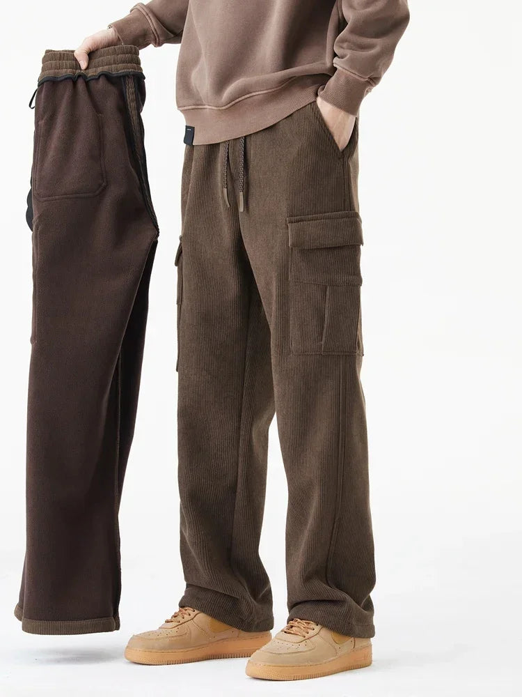 Winter Woolen Cargo Pants Thickened Men Casual Pants Solid Trousers Straight Leg Outdoors Streetwear Comfortable Fabric Unisex